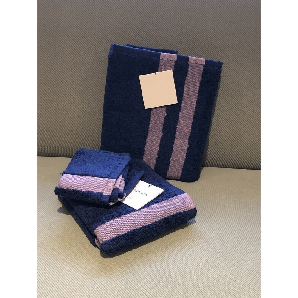 New Calvin Klein George Bath Towel Set Cobalt Blue Pink Stripes 100% Cotton 3 Pc